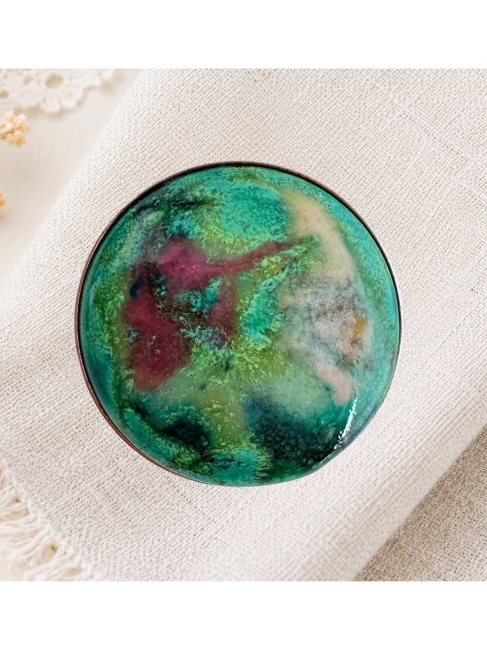Vintage Abstract Brooch Pendant Green Statement Silver Tone Art Modernist 2"W